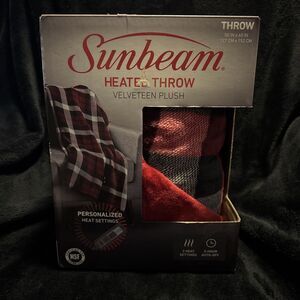 Sunbeam Velveteen Plush Heat Throw Red 50x60 Electric Blanket 3 Heat Setting